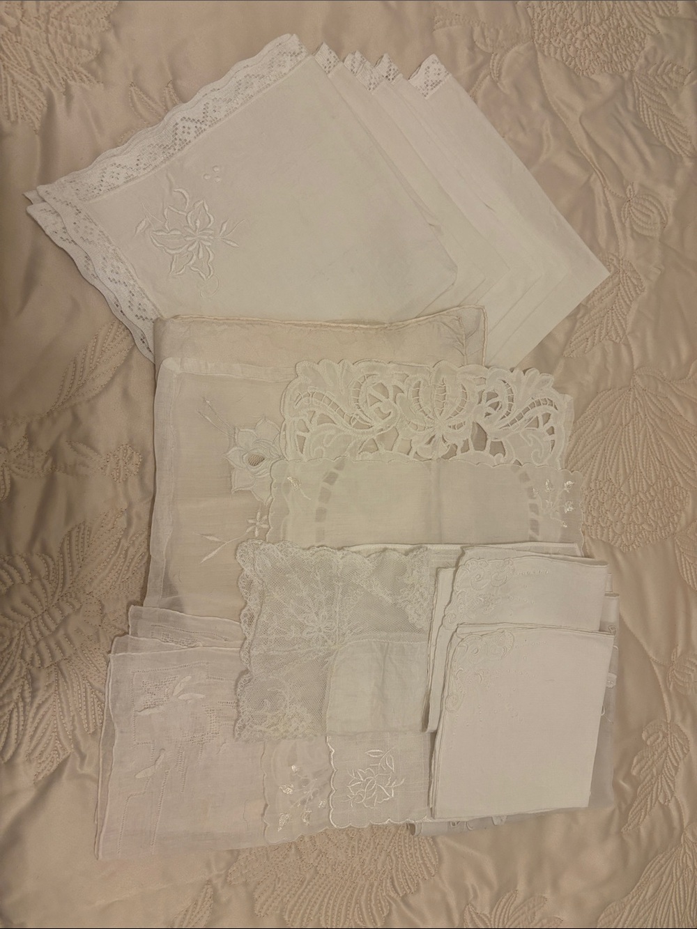 White Embroidered Linen Napkin, Handkerchiefs, and Doily Set